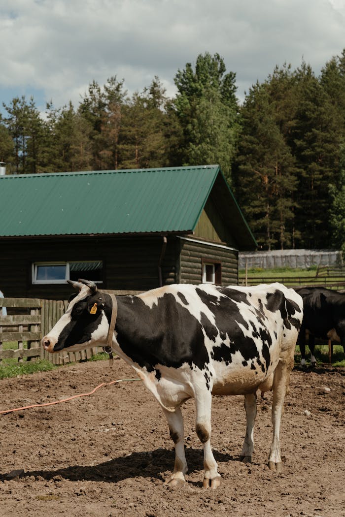 A Holstein cow stands in a rustic farmyard surrounded by trees and a barn.